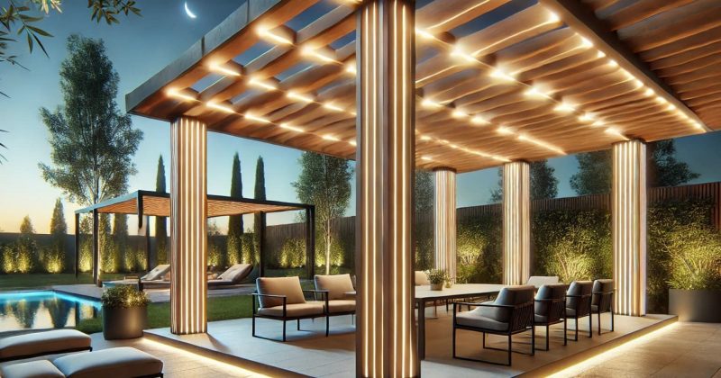 Eclairage de pergola bioclimatique avec des rubans ou spot LED.