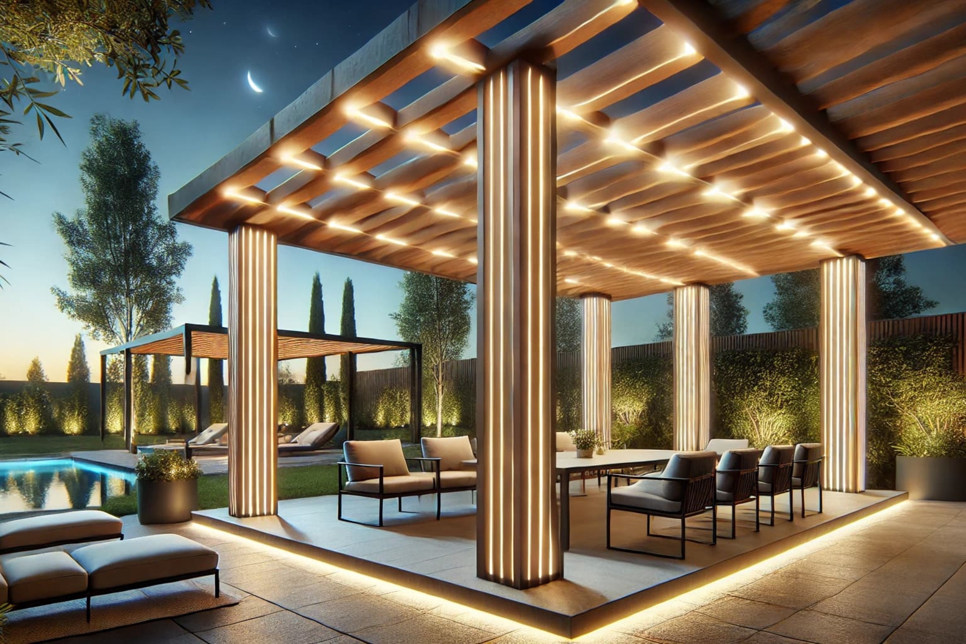 Eclairage de pergola bioclimatique avec des rubans ou spot LED.