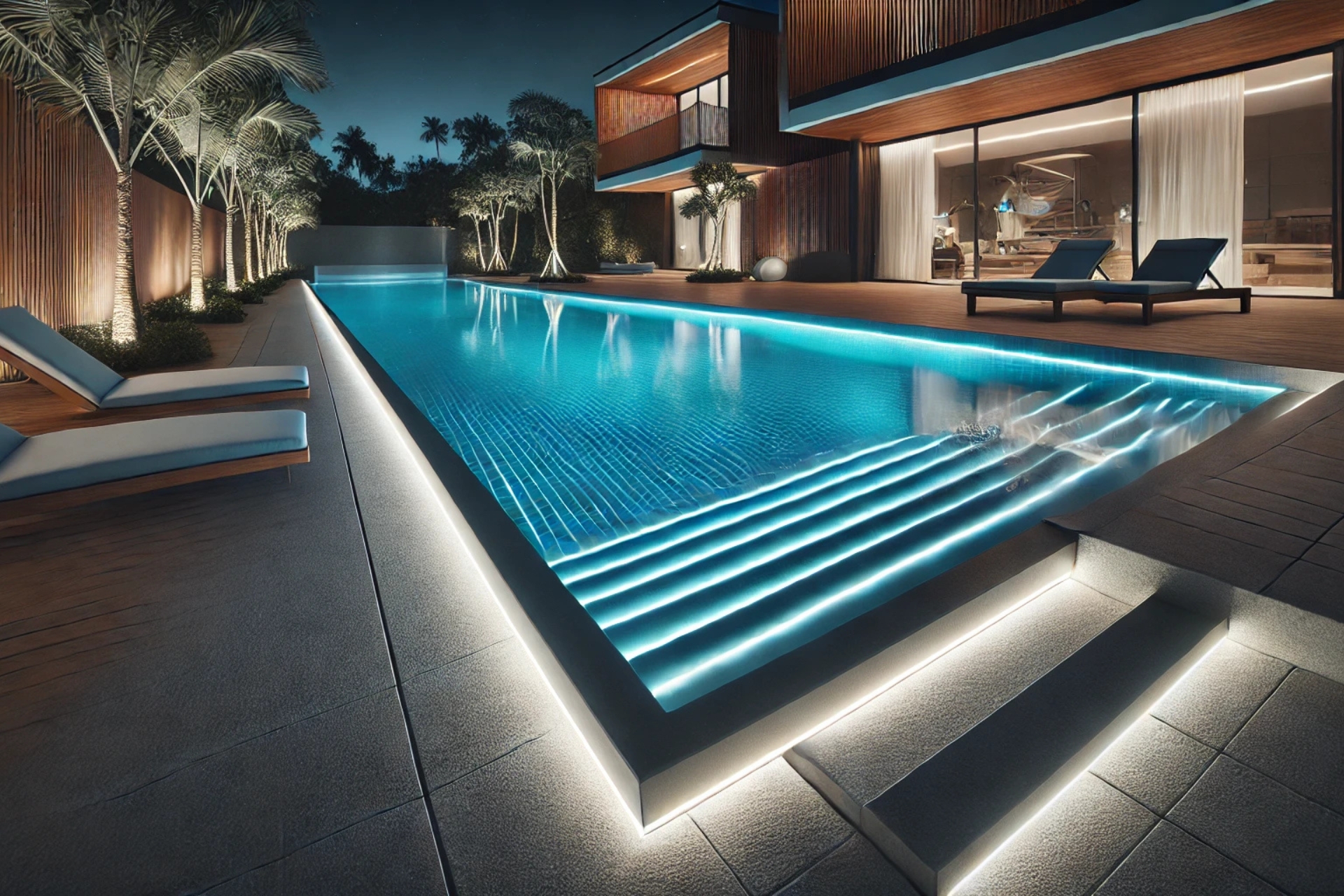 Utilisez un éclairage LED entre votre piscine et les margelles.