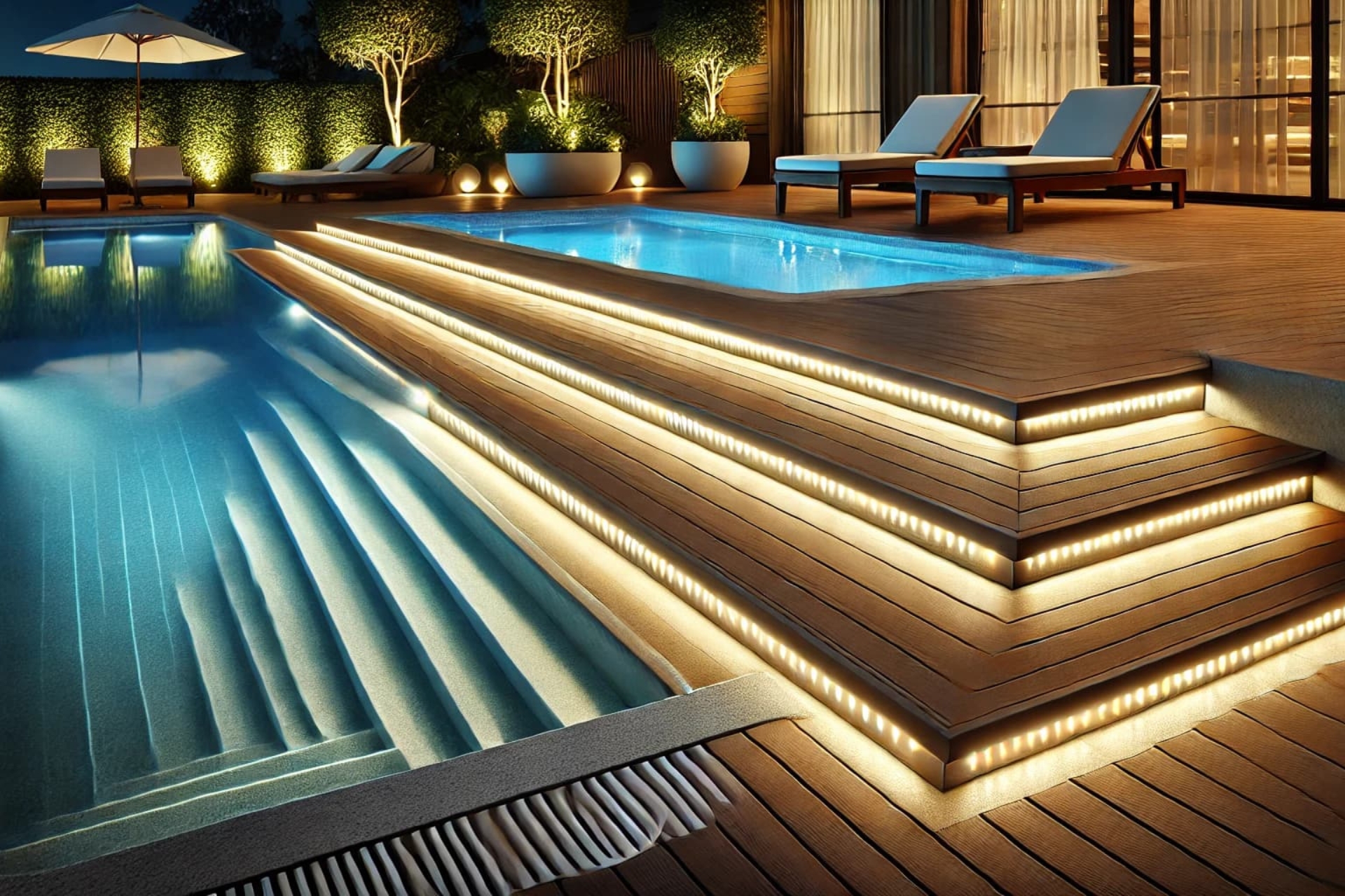 Eclairer votre piscine avec des rubans LED sur les marches.